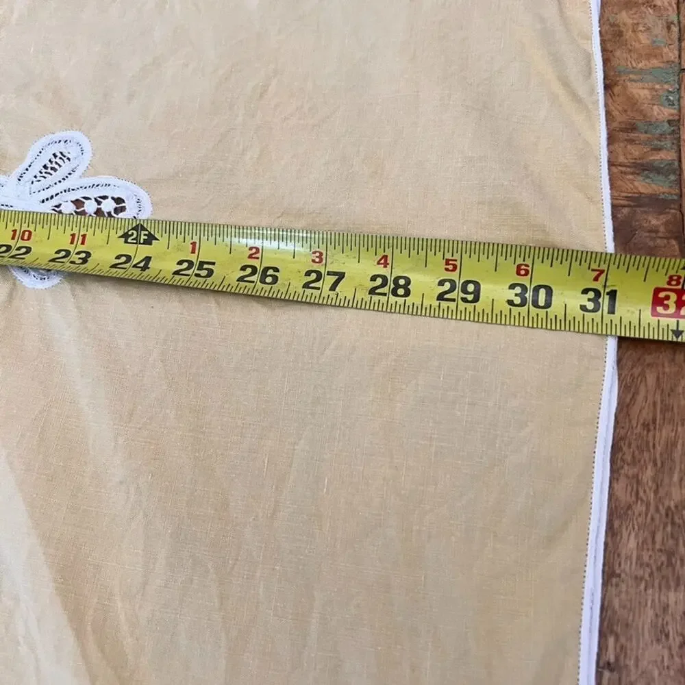 Vintage Handmade Linen Floral Lace Scandinavian Pale Yellow Tablecloth 33 x 31